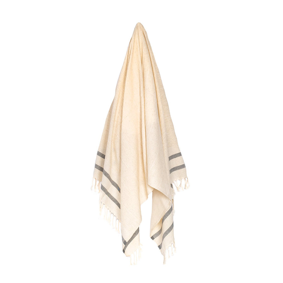 Organic Turkish Lagoon beige and black towel hanging